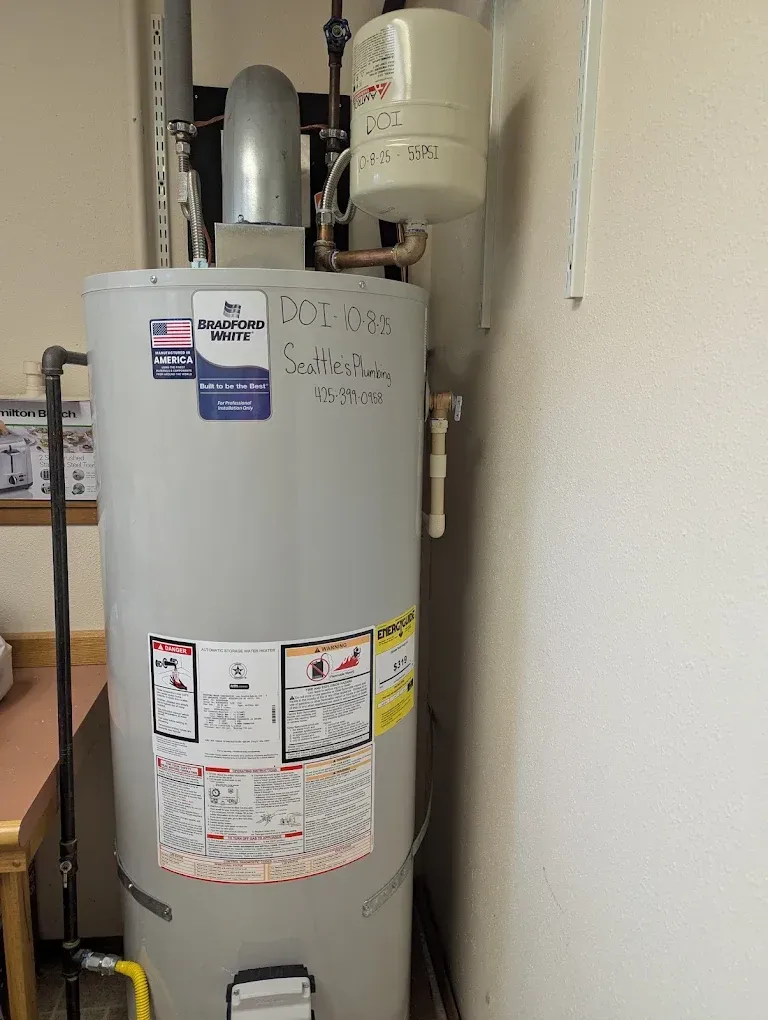 Water heater tank with pipes and vents in a utility room