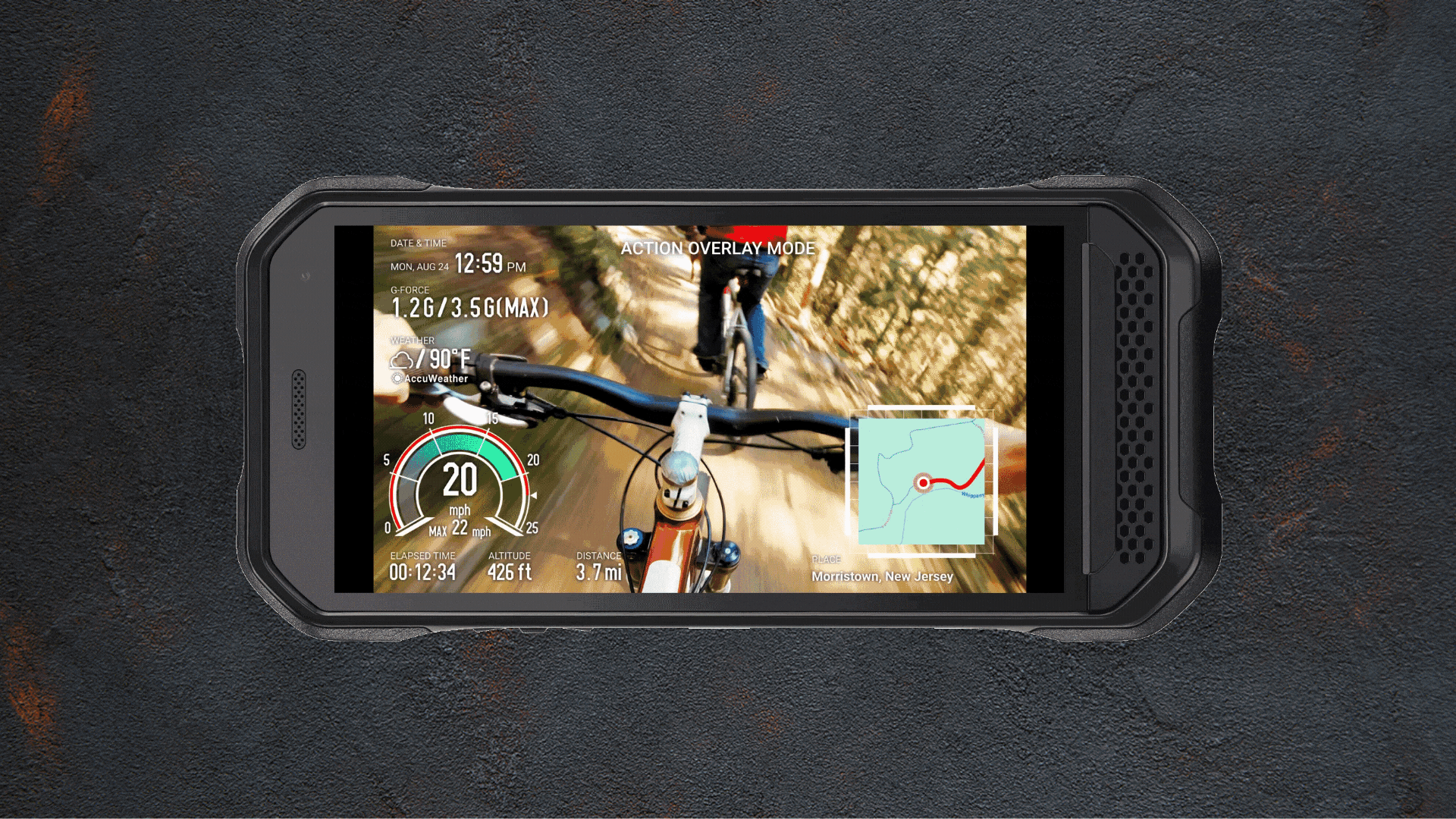 A cell phone with a picture of a person riding a bike on the screen.