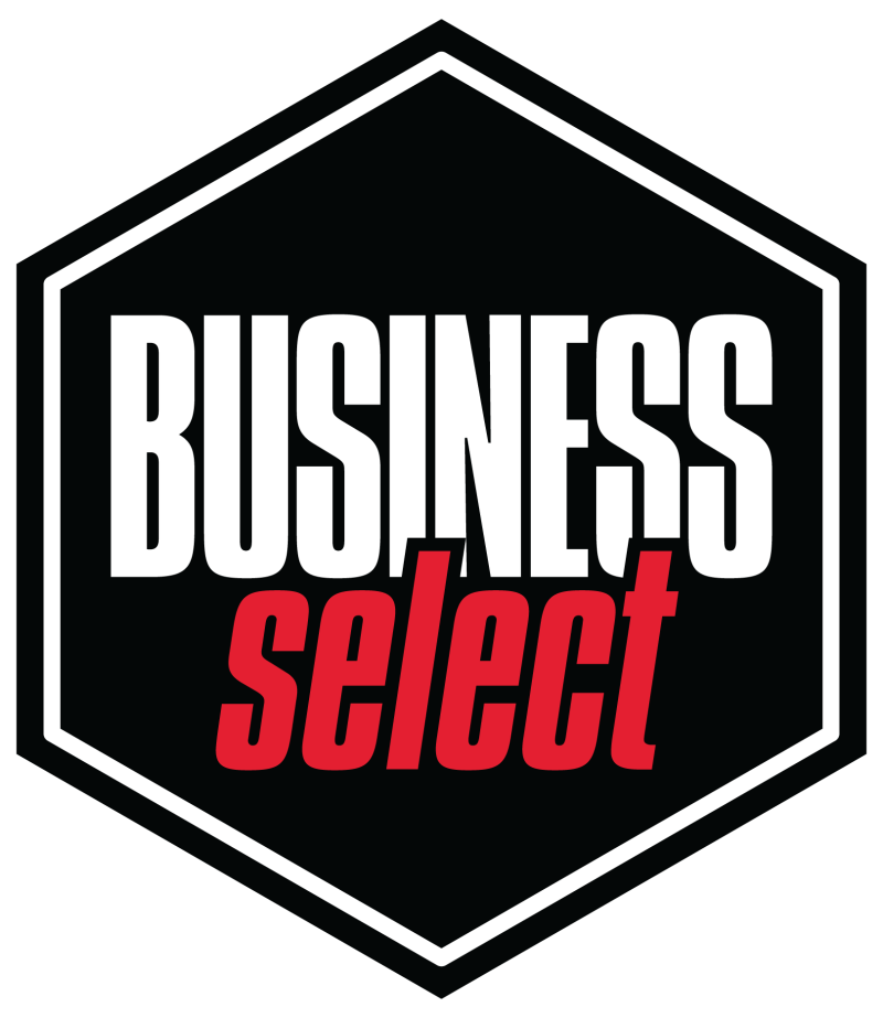 The logo for business select is a black hexagon with red and white text.