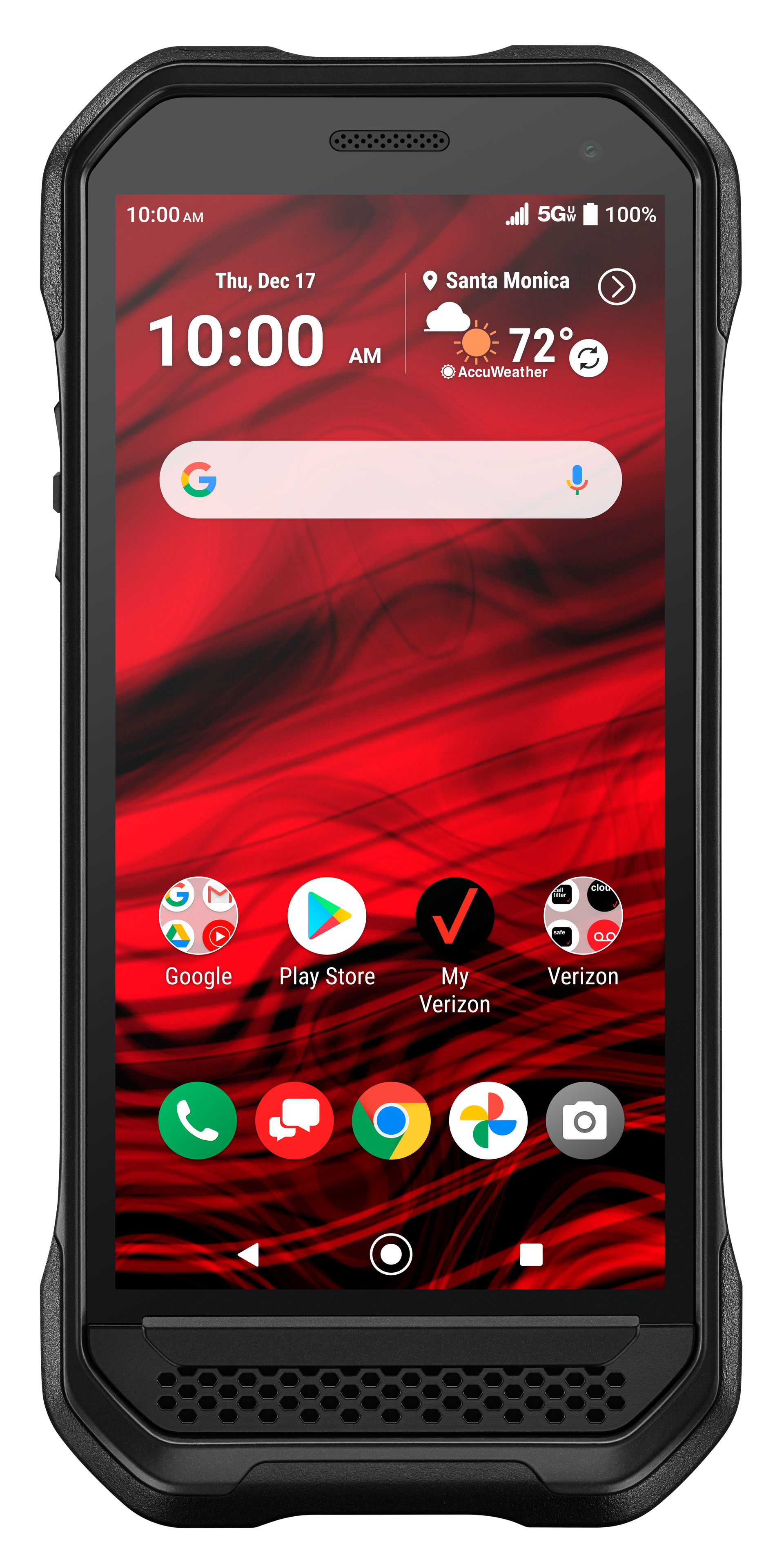 A black cell phone with a red background on the screen.
