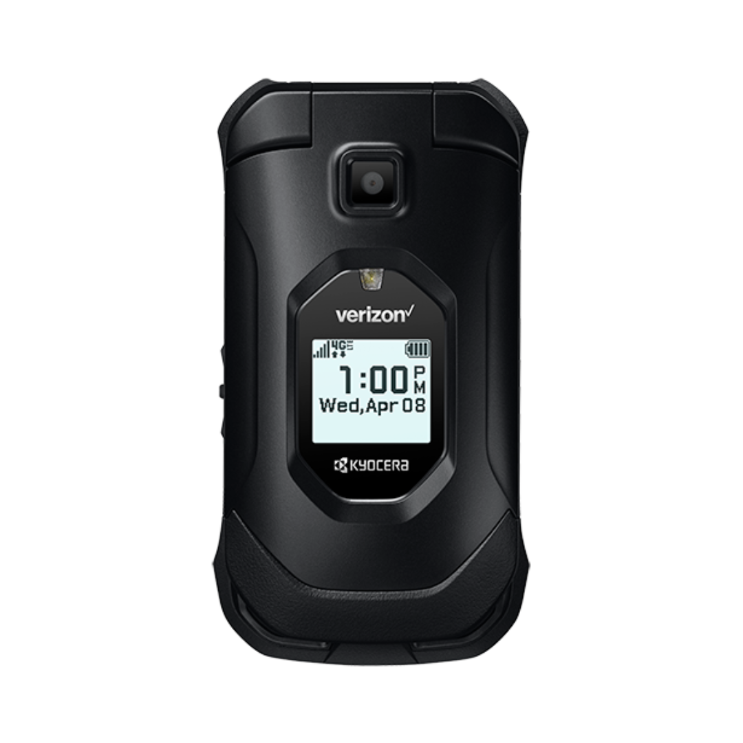 A black verizon flip phone shows the time as 1:00