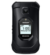 A kyocera flip phone shows the time as 1:00
