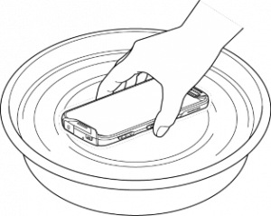 A person is holding a cell phone in a bowl of water.