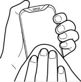 A black and white drawing of a person holding a cell phone.