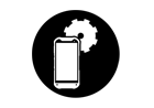 A black and white icon of a cell phone and a gear.