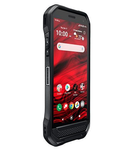 A cell phone with a red screen and a black case on a white background.