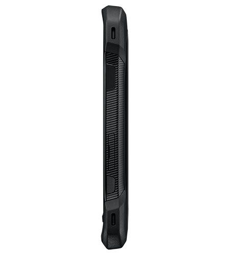 A black cell phone with a rugged case on a white background.