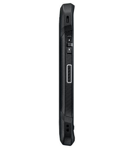 A black cell phone with a rugged case on a white background.