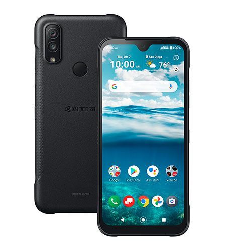 A black kyocera phone with a black case on a white background.