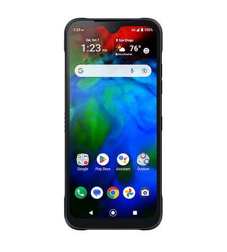 A smart phone with a colorful screen is sitting on a white surface.