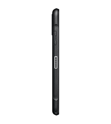 A black cell phone with a black case on a white background.