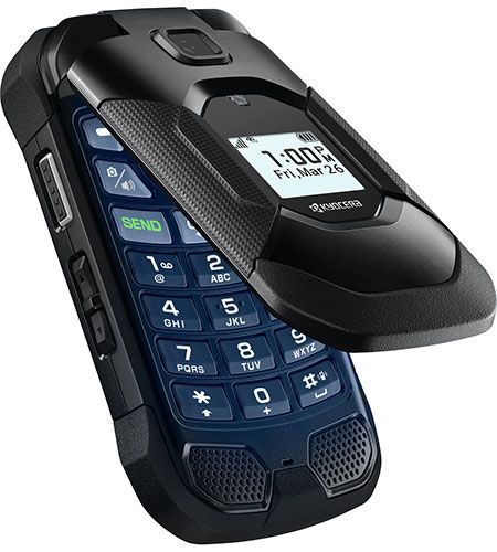 A flip phone with the screen open shows the time as 1:00