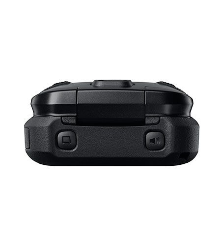 A black flip phone with two buttons on the side