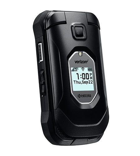 A black flip phone with the time of 1:00 on it