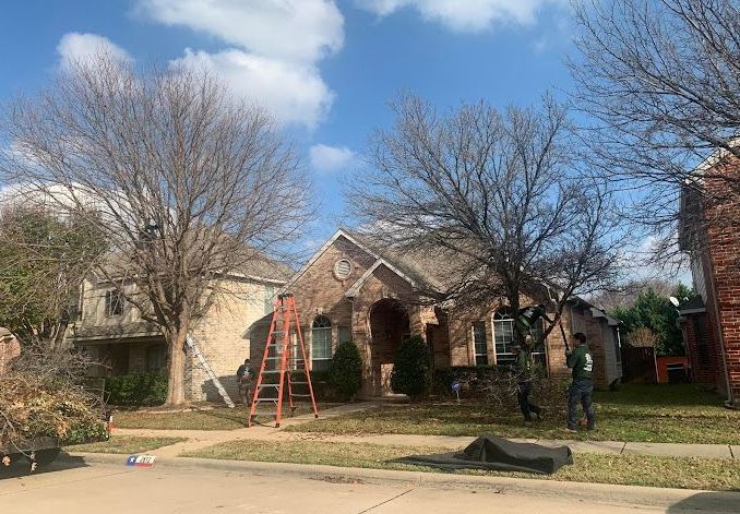 A man is standing in front of a house with a ladder in the yard.