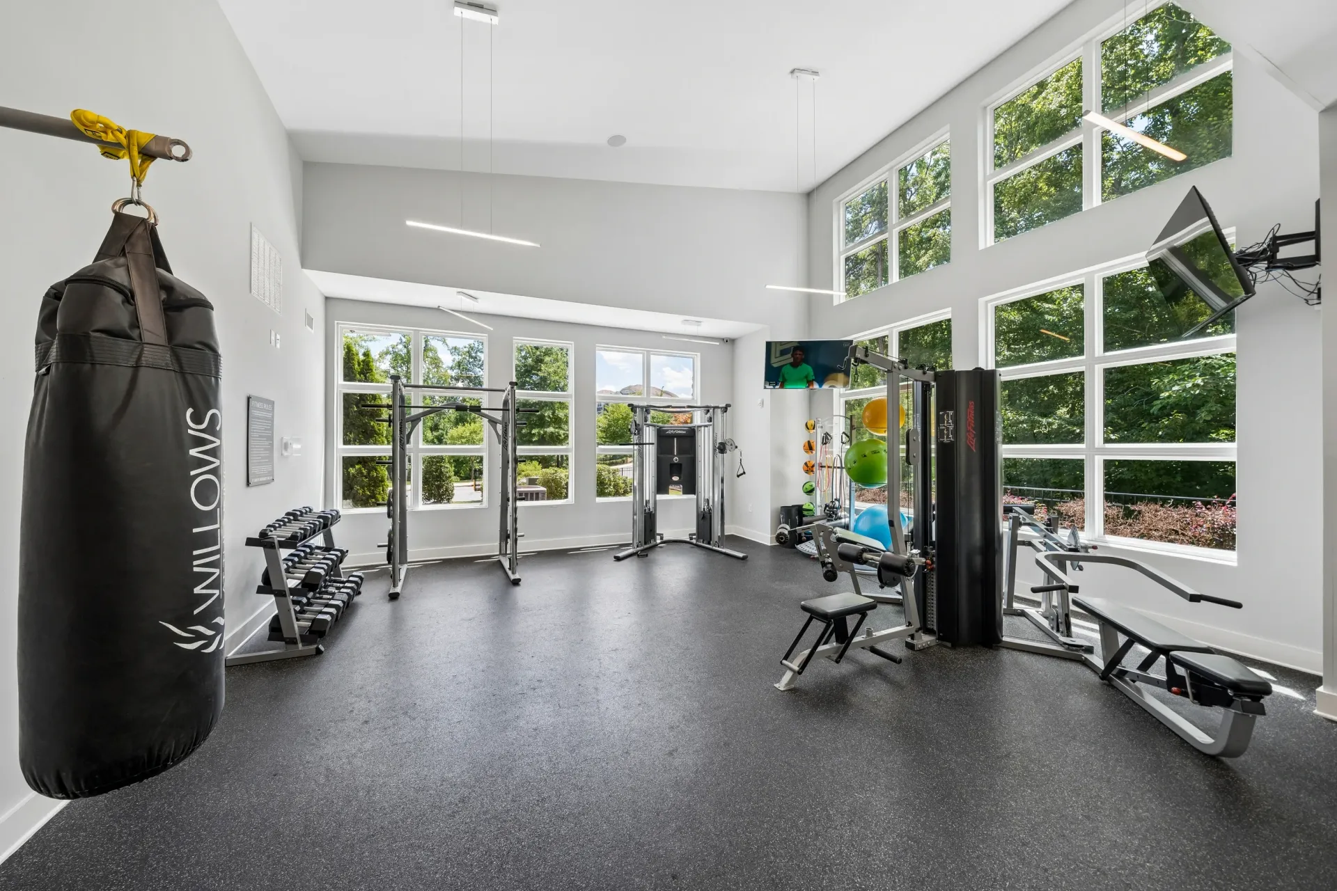 Modern fitness center with punching bag, weight rack, and cardio machines at Willows at the University in Charlotte, NC.