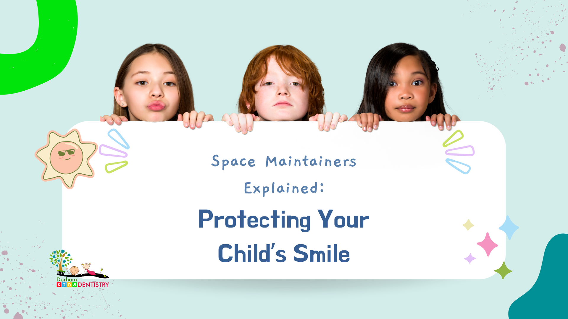 Promotional banner for children’s dental care with smiling kids and the text “Protecting Your Child’s Smile”