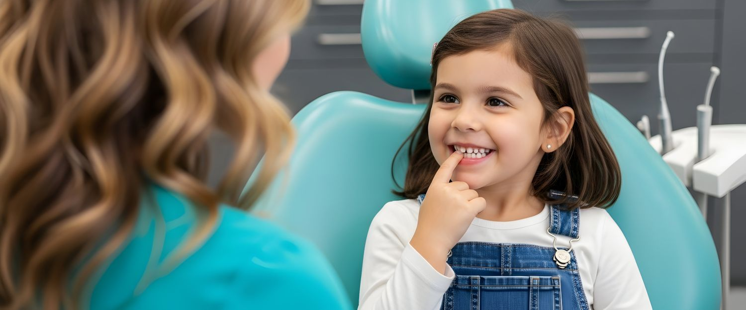 Child smiling during a dental checkup, brushing teeth with blue toothbrush in a dentist’s office
