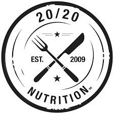 Black and white circular logo for 20/20 Nutrition featuring a crossed fork and knife with