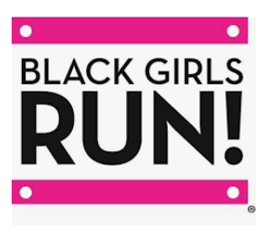 Logo for Black Girls RUN! with black text on a white background, framed by two horizontal pink bars with corner holes.