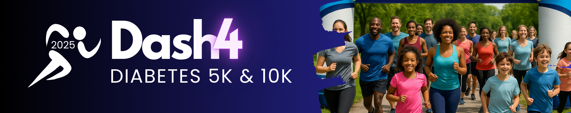A banner for the 2020 Dash4 Diabetes 5K & 10K, featuring a group of people jogging outdoors.