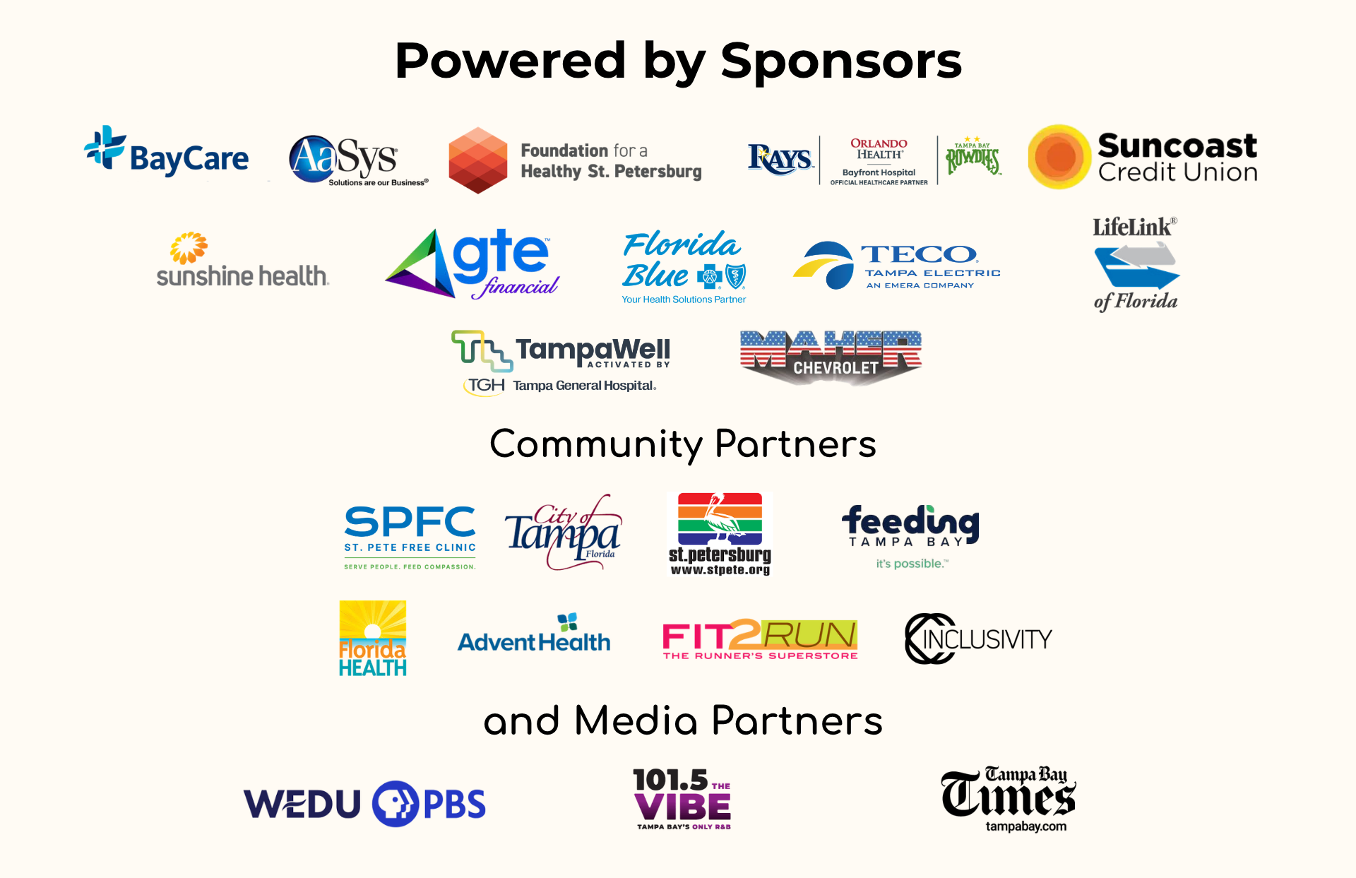 Logos of sponsors, community partners, and media partners arranged in rows on a light background.