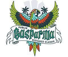 Logo for the Publix Gasparilla Distance Classic featuring a colorful parrot with outstretched wings above a banner.