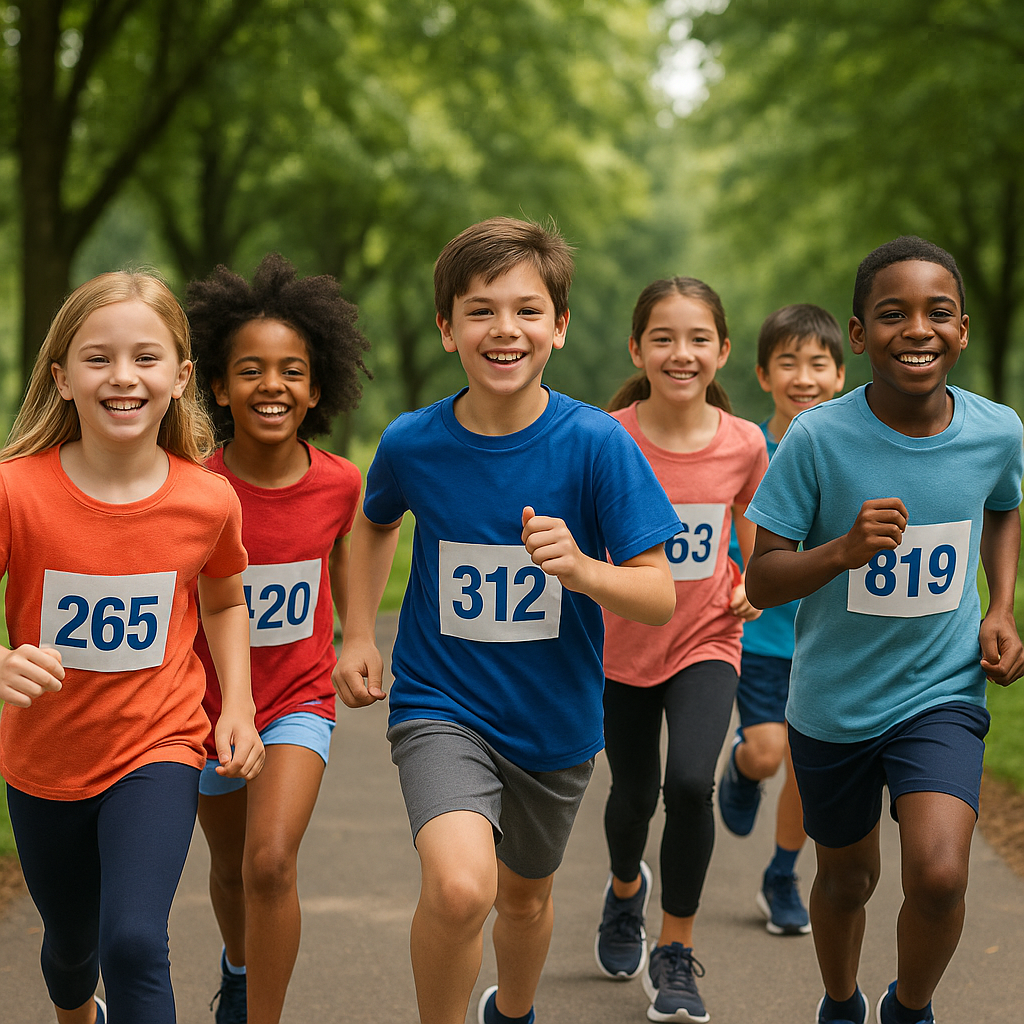 A diverse group of runners with race bibs on their shirts jog along a path lined with trees, all smiling.