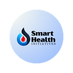 Logo for Smart Health Initiatives featuring a stylized droplet icon containing a small red drop on a light blue circle.