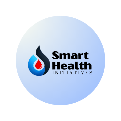 Logo for Smart Health Initiatives featuring a stylized droplet icon containing a small red drop on a light blue circle.