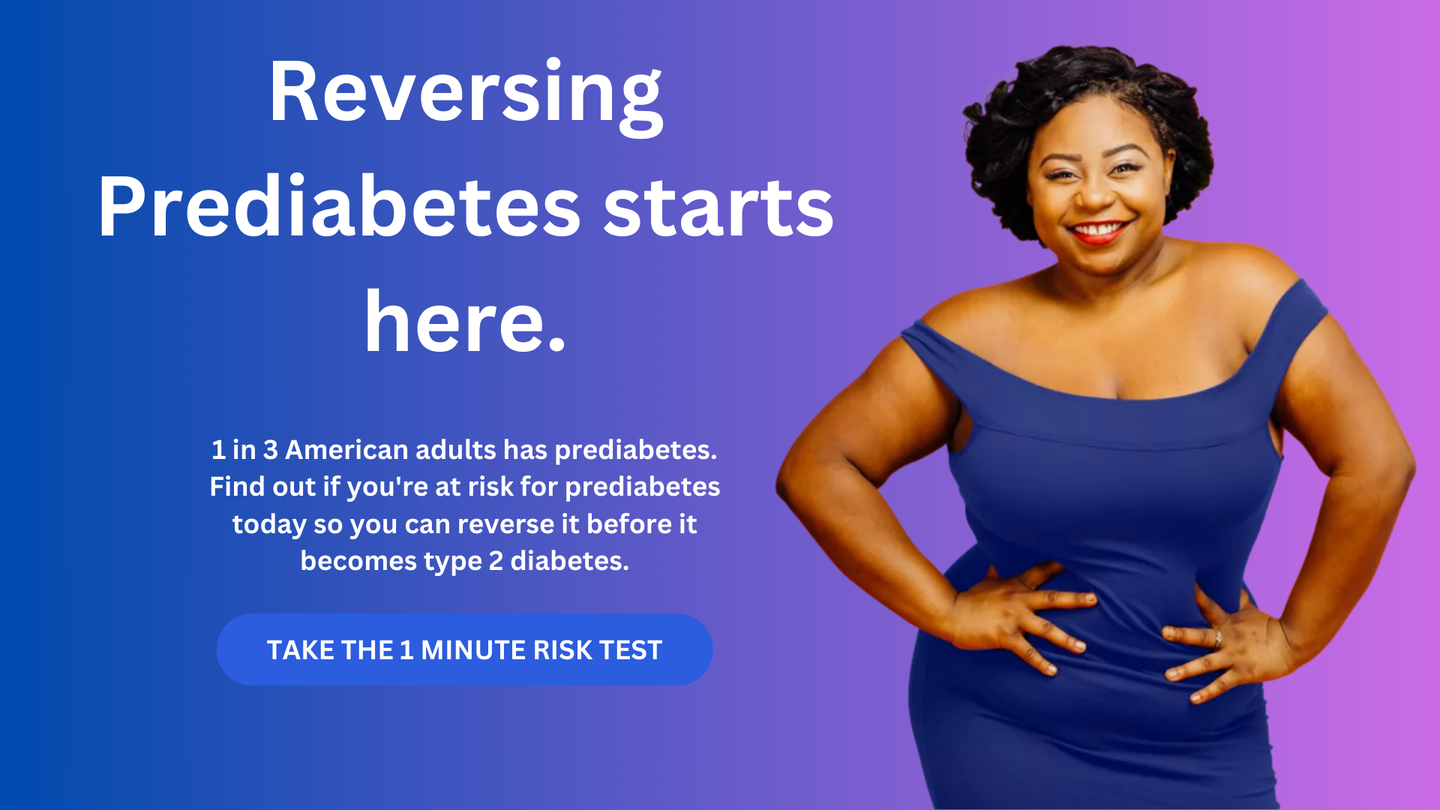 A smiling person in a blue dress stands before text promoting a prediabetes risk test on a blue and purple gradient background.