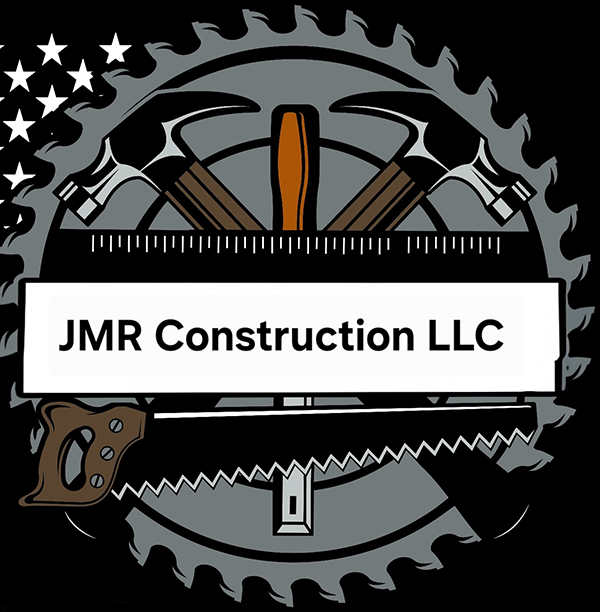 Logo for JMR Construction LLC, featuring tools, American flag, and company name.
