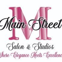 Logo for Main Street Salon & Studios featuring a large pink "M" with cursive text reading "Where Elegance Meets Excellence."