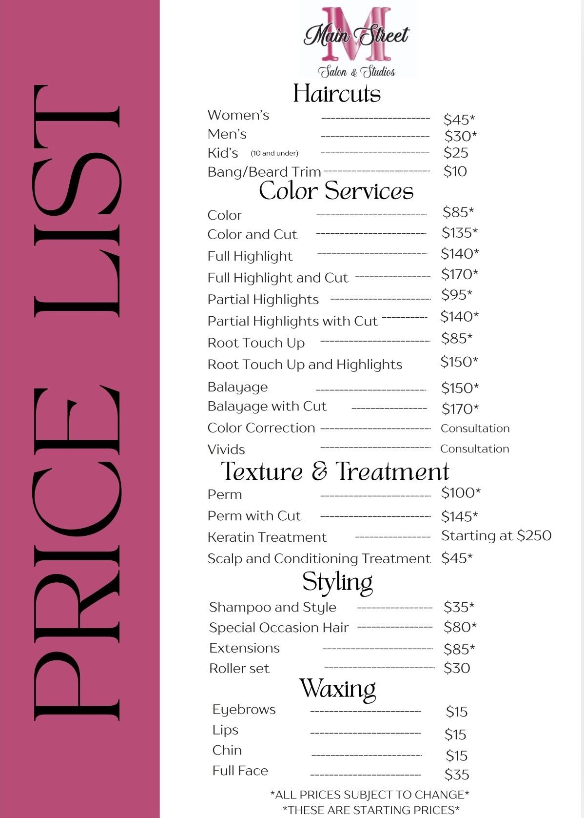 Price list for M Hair & Beauty salon featuring haircut, color, treatment, styling, and waxing service costs.