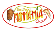 Logo di Mamma Mia Fast Food con un kebab e una fetta di pizza all’interno di un ovale rosso