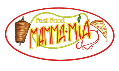 Logo di Mamma Mia Fast Food con un kebab e una fetta di pizza all’interno di un ovale rosso
