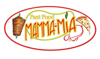 Logo di Mamma Mia Fast Food con un kebab e una fetta di pizza all’interno di un ovale rosso