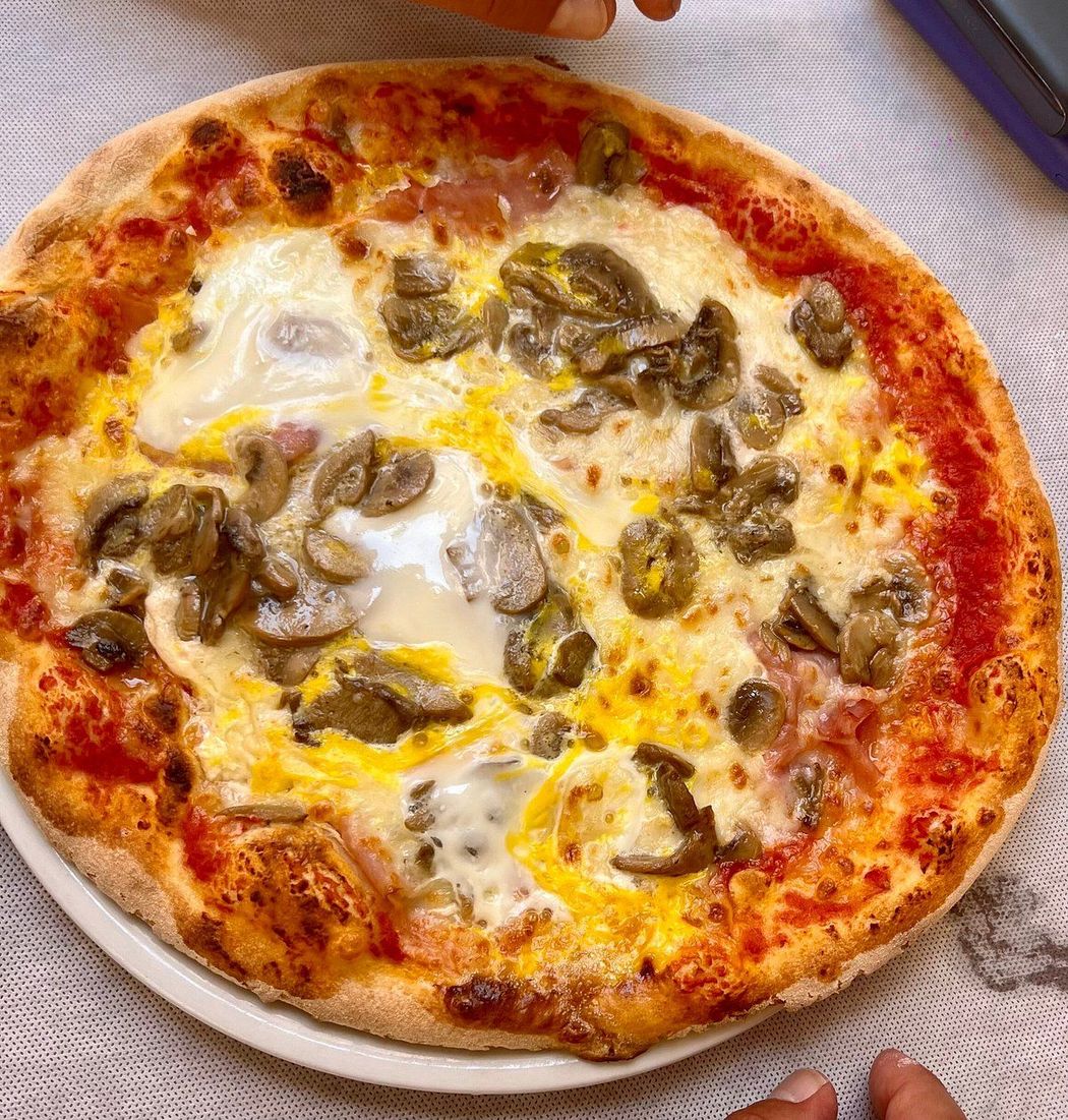 Pizza ai funghi e formaggio su un piatto, con crosta dorata e salsa di pomodoro rossa