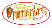 Logo del fast food “Mamma Mia” con uno spiedino di carne, una fetta di pizza e un bordo ovale rosso