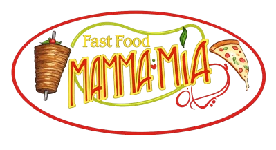 Logo del fast food “Mamma Mia” con uno spiedino di carne, una fetta di pizza e un bordo ovale rosso