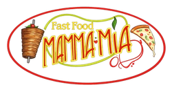 Logo del fast food “Mamma Mia” con uno spiedino di carne, una fetta di pizza e un bordo ovale rosso