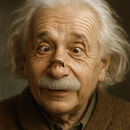 Albert Einstein with a bee resting on his nose, looking amused