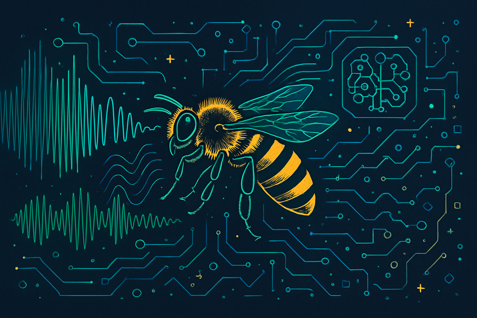 a stylized honey bee logo on a background of electronic signals and wiring