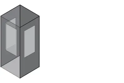 Gray 3D geometric tower with open panels, shown on a white background