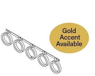 Gold ceiling spotlight track with five rings and a gold oval label reading “Gold Accent Available”