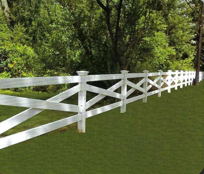 White wooden fence in a grassy yard, with trees in the background.