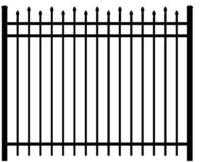 Black wrought-iron fence with pointed tops and vertical bars on a white background