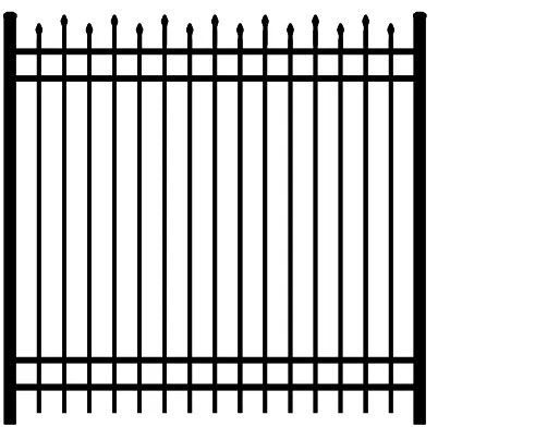 Black iron fence with vertical bars and decorative rounded tops on a white background