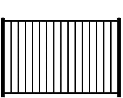 Black metal fence with vertical bars on a white background