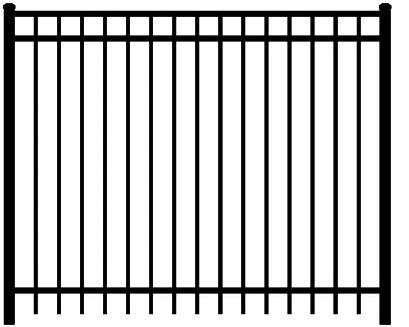Black metal fence with vertical bars and two horizontal rails on a white background